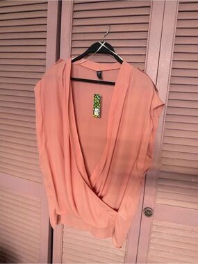 Draped V-Neck Women's Blouse in Peach